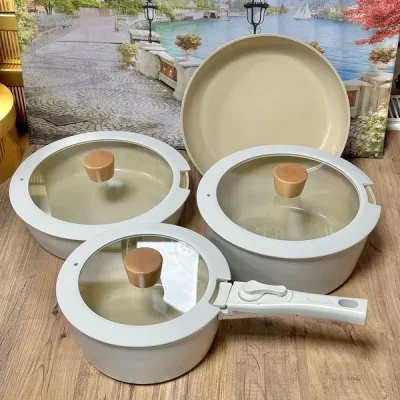 سرویس قابلمه گرانیتی ۷ پارچه پینک مور ترکیه مدل Arlo – رنگ کرمی با پوشش Xtrema